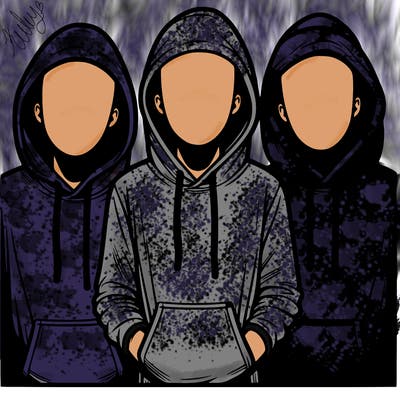 3 faceless people in  hoodies