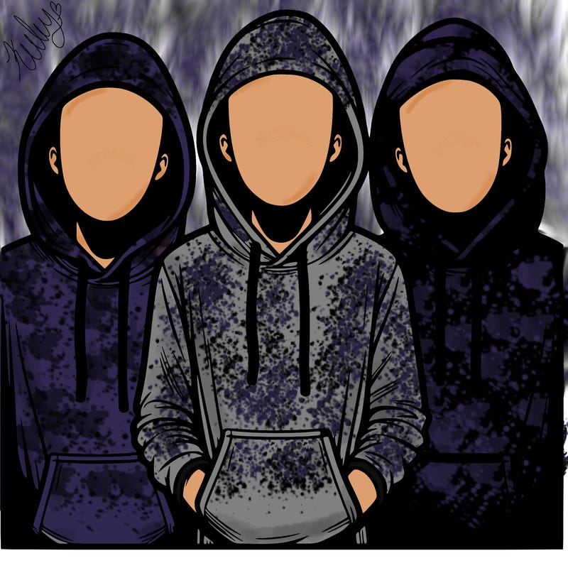 3 faceless people in  hoodies