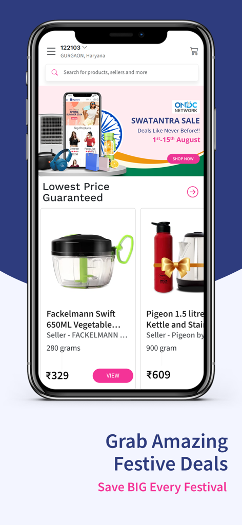 Mystore app interface showing festive deals and ONDC marketplace products