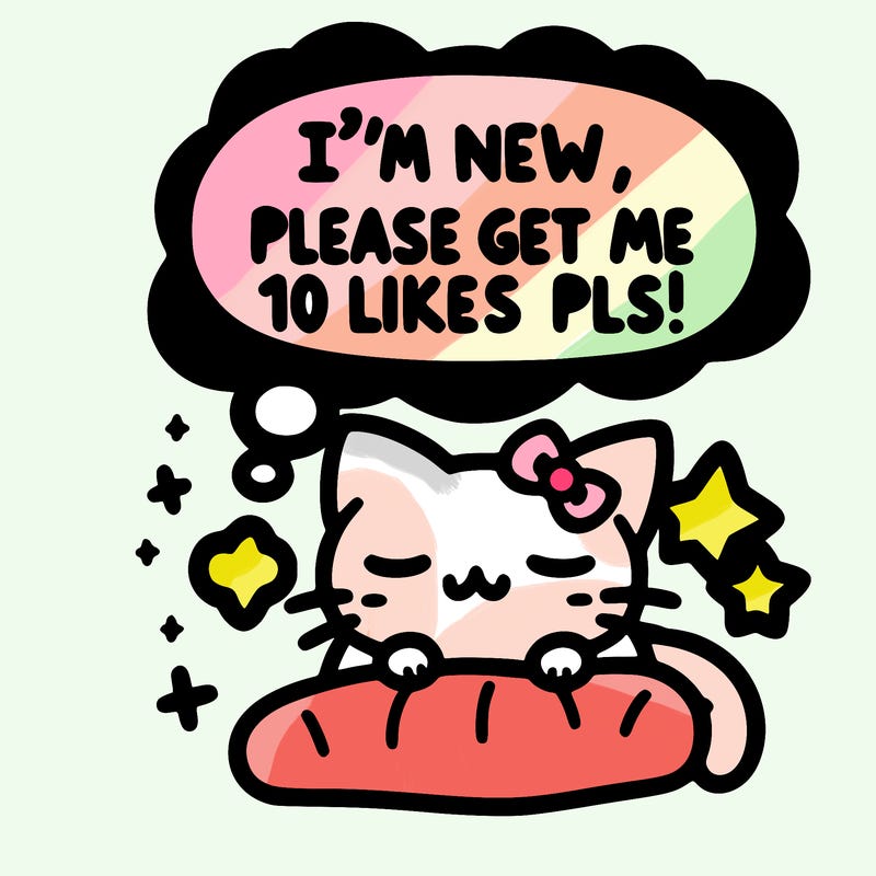 kitty taking a nap dream talking and saying "i'm new, please get me at least 10 likes pls!!"
