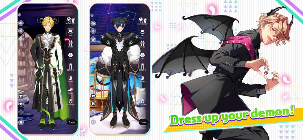 Mobile game screenshots showing character customization and outfits for demon characters in Obey Me Till Death Do Us Part.