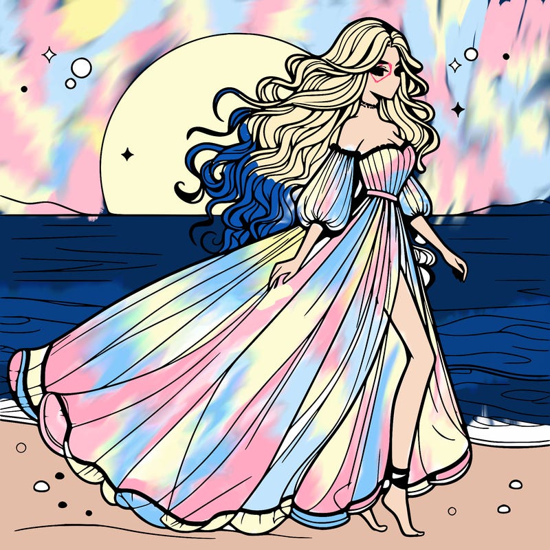 beautiful woman with a vaporous long dress walking on the beach at the noon, detailed art