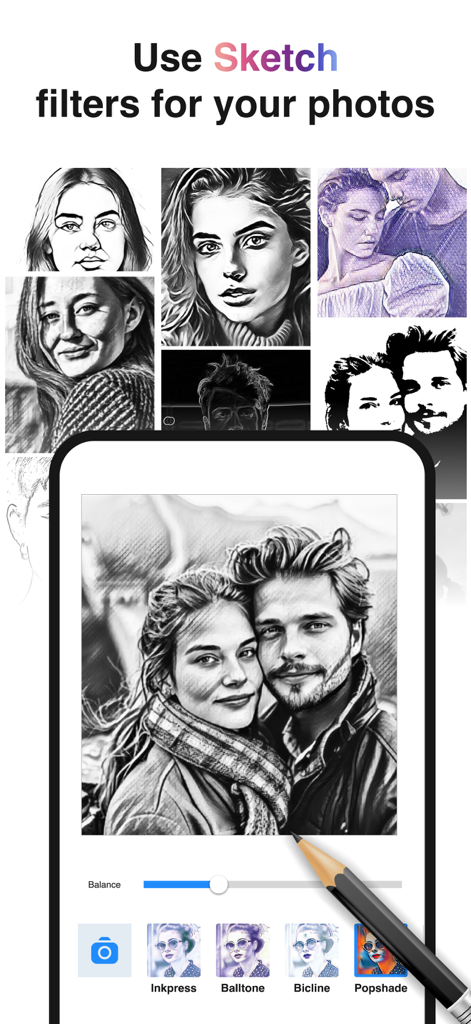 Pencil sketch photo edito - Una interfaz de aplicación móvil que muestra varios filtros artísticos de boceto a lápiz aplicados a fotos de retratos.