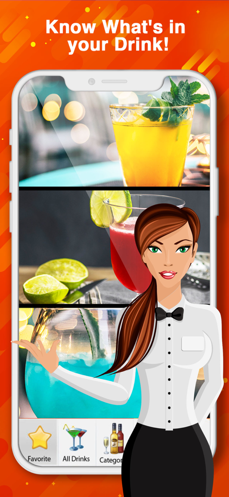 Smartphone screen displaying the 8500 plus Drink Recipes app with various colorful cocktails and a bartender character