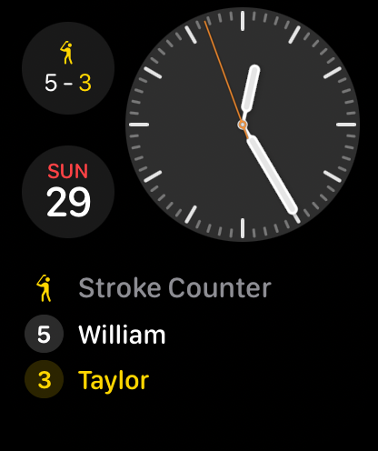 Stroke Counter for Golf - Apple Watch-Zifferblatt, das die Schlagzähler für Golf-Komplikation und die Spielstände für zwei Spieler anzeigt