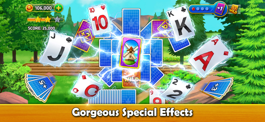 Gameplay screenshot of Solitaire Tripeaks Farm Trip featuring electric card animations and farm background