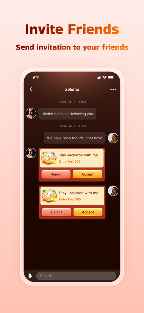 Tela de chat do aplicativo Masa Club mostrando um convite para jogar Jackaroo com um amigo