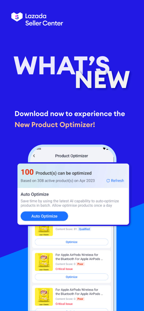 Lazada Seller Center - Interface do aplicativo Lazada Seller Center mostrando o novo recurso de Otimizador de Produtos com um botão de otimização automática e pontuações de conteúdo para anúncios de produtos.