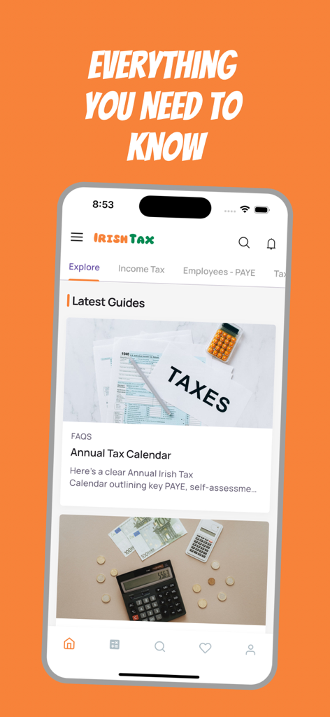Mobile app screen showing Irish tax guides and an annual tax calendar