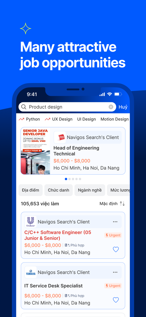VietnamWorks mobile app interface displaying various tech job listings with salary ranges in Vietnam