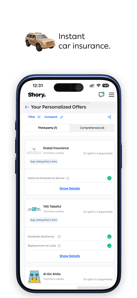 Mobile app screen showing personalized car insurance quotes and comparisons