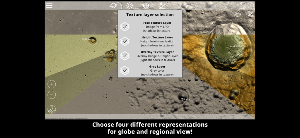 GlobeViewer Moon PRO - Texture layer selection menu in GlobeViewer Moon PRO showing photo height and overlay map modes of the lunar surface