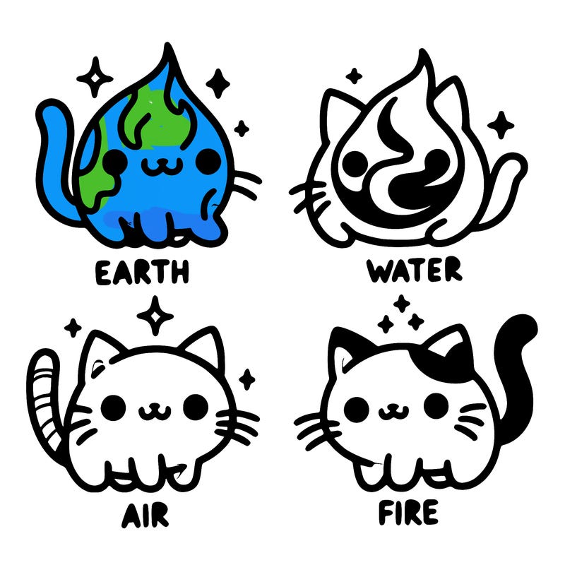 4 cats that represent the different elements, earth, water, air, and fire