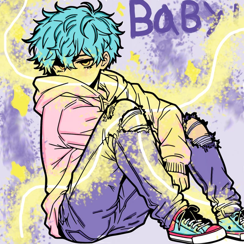 a male hoddie ripped jeans messy hair anime