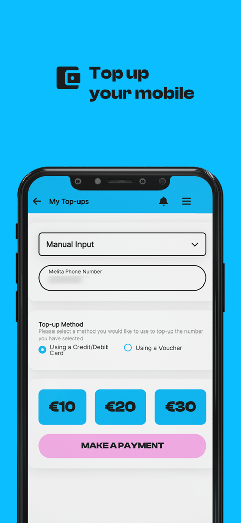 電話番号と金額選択フィールドが表示されたMyMelitaアプリのモバイルチャージ画面のスクリーンショット