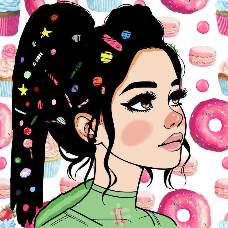 realistic girl with buns on the top of her head