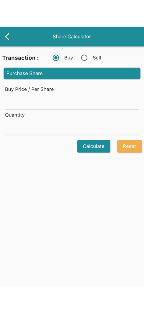 Merolagani Nepse App - Share calculator interface in the Merolagani Nepse App for calculating stock purchase costs with fields for price and quantity.