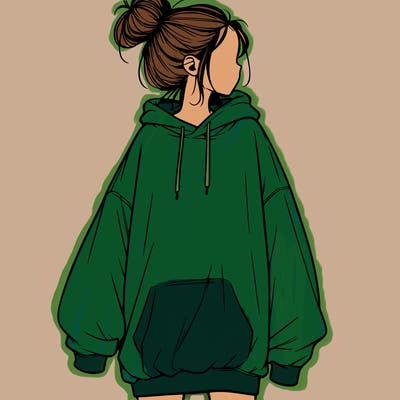 realistic girl with a oversized sweatshirt on and a bun