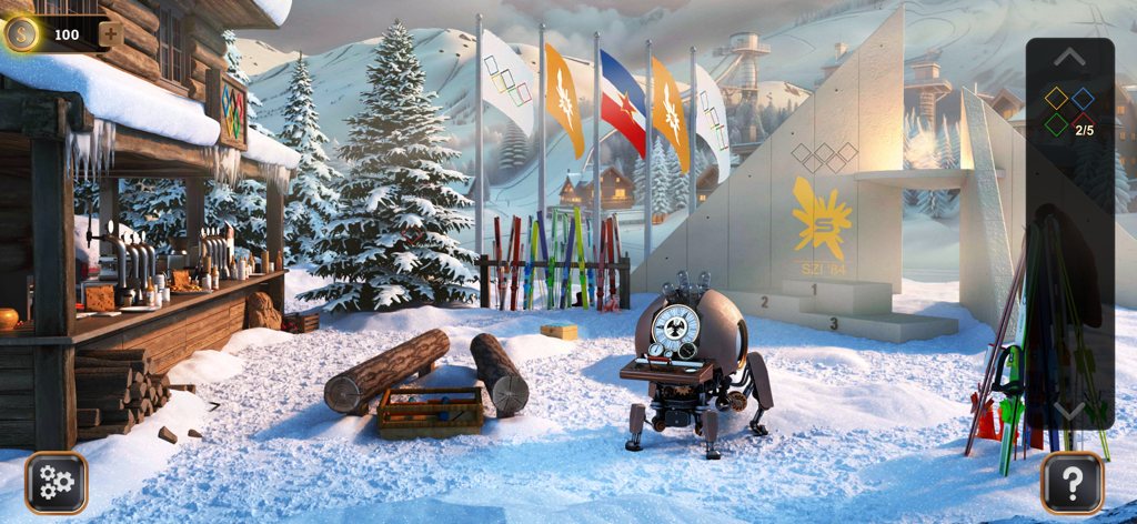 Time Travel: Escape Game - A steampunk time machine robot in a snowy ski resort during a puzzle escape game level