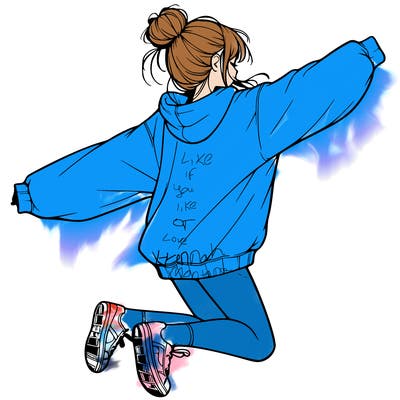 realistic girl jumping with a bun and oversized sweatshirt