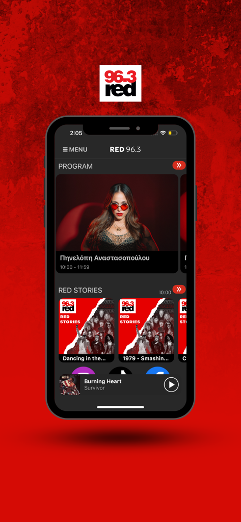 RED 96.3 - RED 96.3 radio app interface displaying daily programs and live music streaming