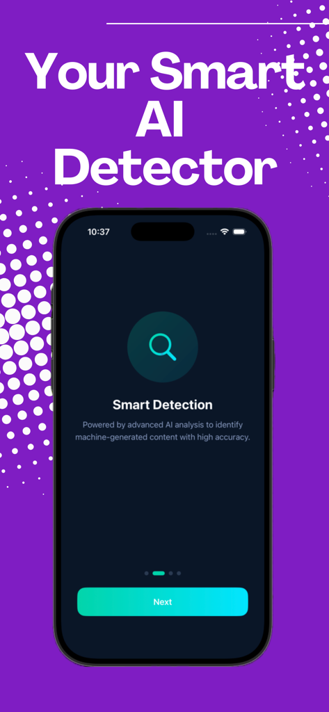 AI Humanizer & Detector - Tela de Detecção Inteligente de IA do aplicativo Humanizador e Detector de IA mostrando recursos de análise em um iPhone.