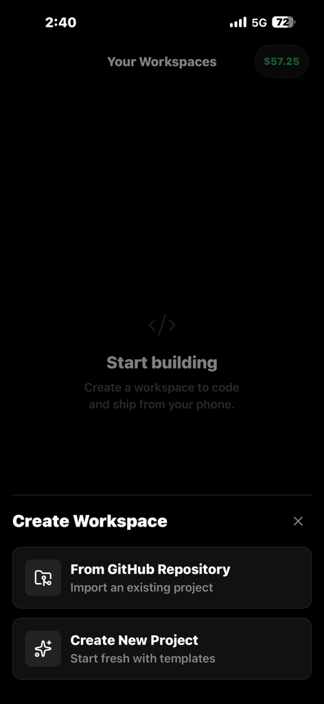 Sifr IDE - Sifr IDE app screen showing workspace creation options including GitHub repository import and new project templates