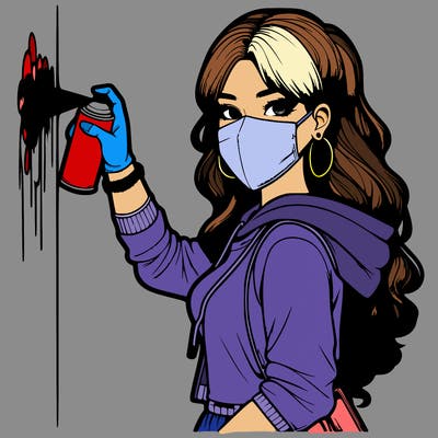 realistic girl with mask spray painting a wall