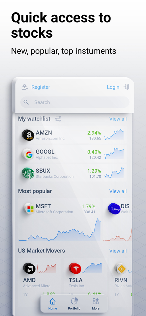 RoboMarkets Stocks Trader - Interfaz de la aplicación RoboMarkets Stocks Trader que muestra una lista de seguimiento en tiempo real y los movimientos del mercado de EE. UU. con gráficos de acciones.