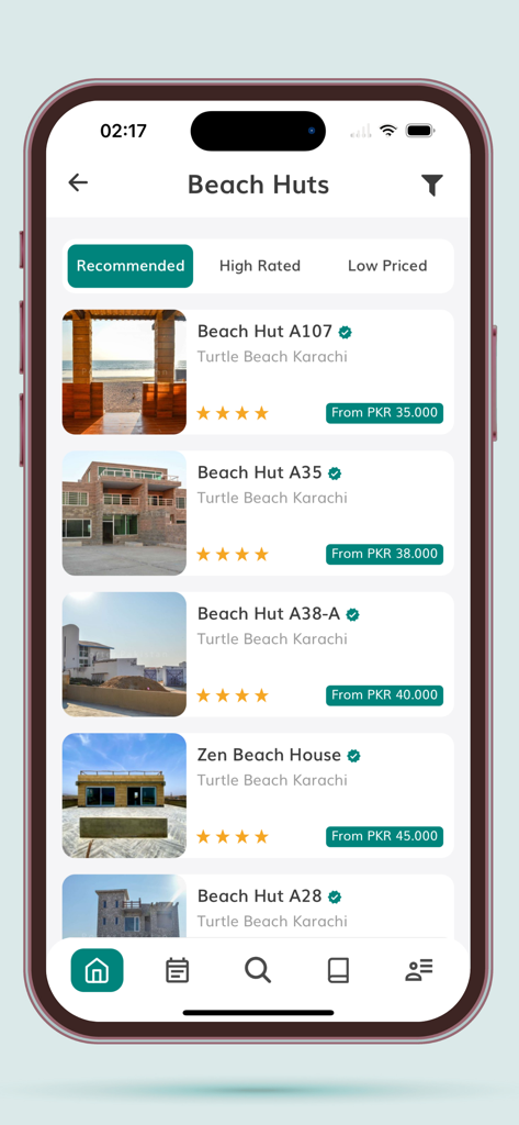 Porter Pakistan - Interface do aplicativo Porter Paquistão exibindo várias opções de aluguel de bangalôs na praia em Turtle Beach Karachi com preços e avaliações