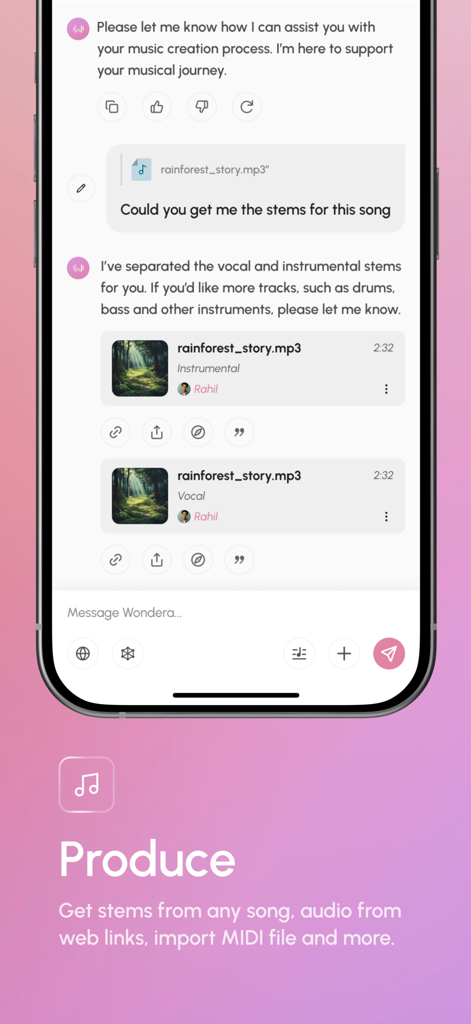Wondera - AI for Music - Wondera app interface showing AI-powered song stem separation and production features.