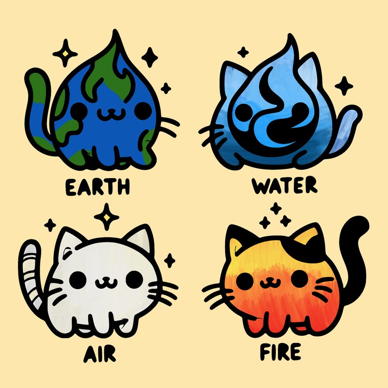 4 cats that represent the different elements, earth, water, air, and fire