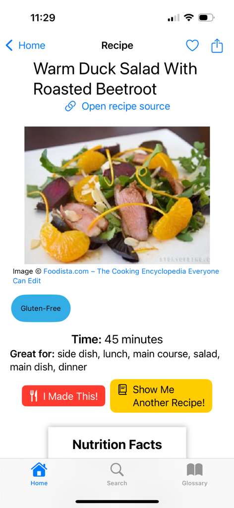 Yum‎ - Recipe page for warm duck salad with roasted beetroot on the Yum mobile app.