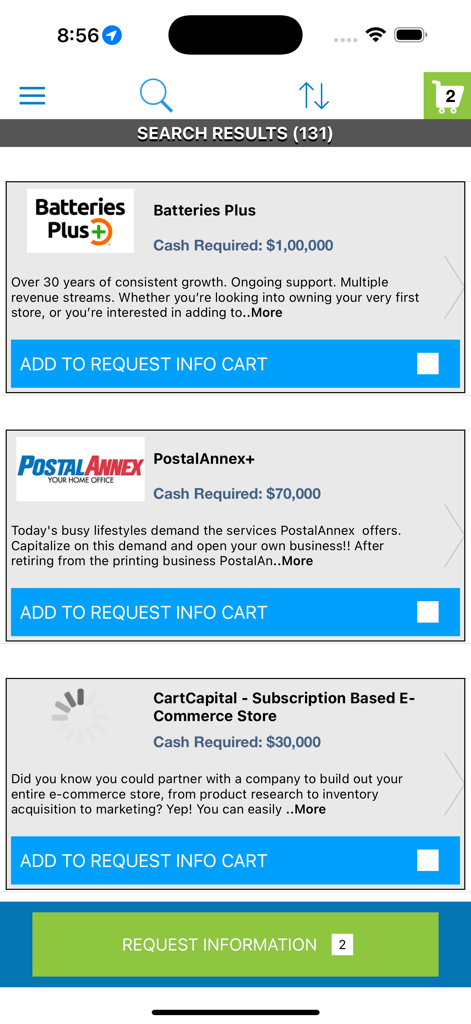 Businesses For Sale - Página de resultados de búsqueda en la aplicación Negocios en Venta que muestra listados de franquicias como Batteries Plus y PostalAnnex con los montos de inversión requeridos.