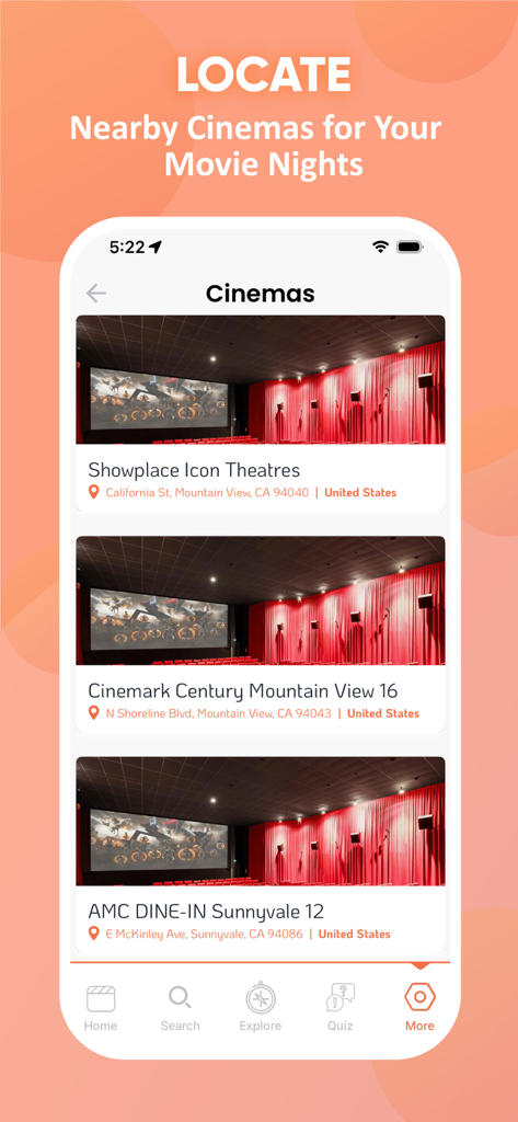 DramaCool: Kdrama Movie & Show - DramaCool 앱의 모바일 화면으로 주소가 있는 가까운 영화관 목록 표시