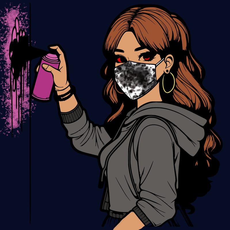 realistic girl with mask spray painting a wall