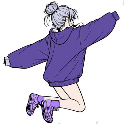 realistic girl jumping with a bun and oversized sweatshirt