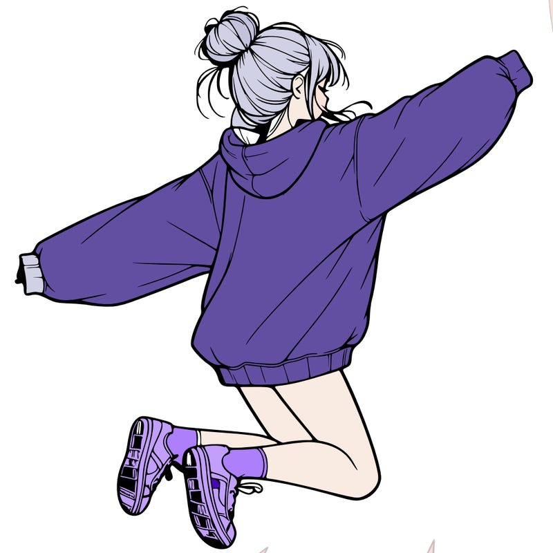 realistic girl jumping with a bun and oversized sweatshirt