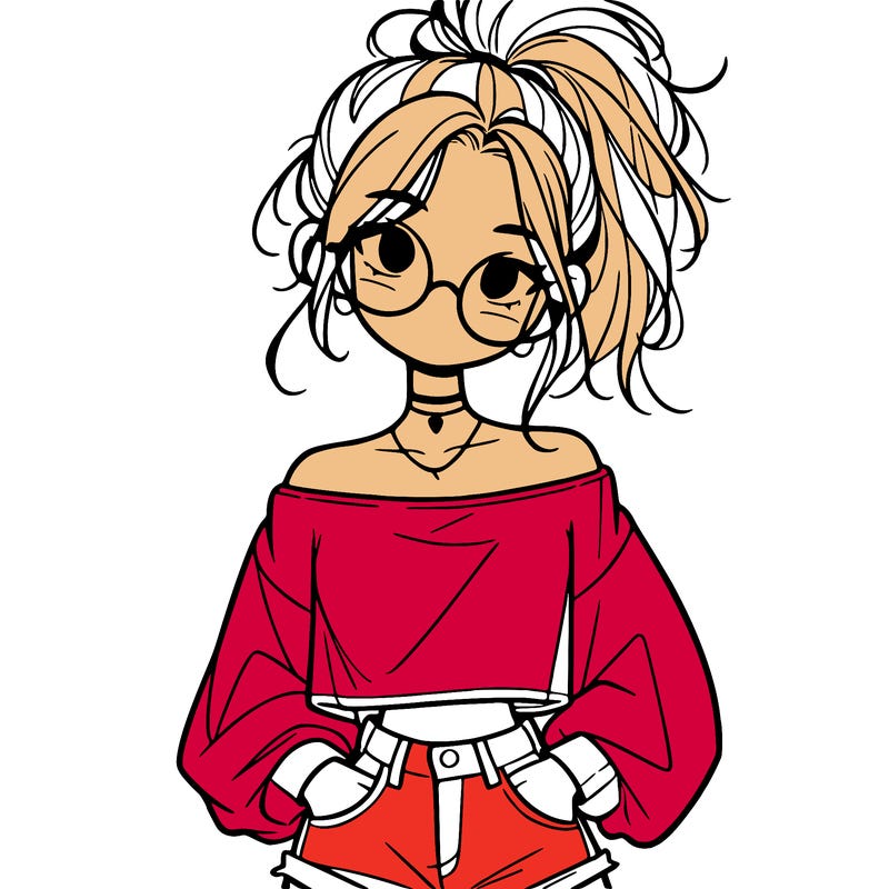 girl with a messy ponytail glasses a baggy crop top and jean shorts