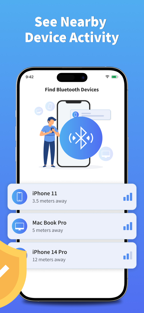 Interfaz de la aplicación Prosec mostrando dispositivos Bluetooth cercanos y sus distancias