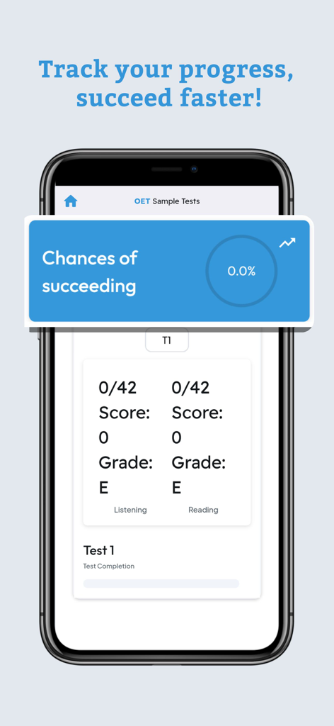 OET Sample Tests - A mobile screen showing the OET Sample Tests app progress tracker with test scores and success probability percentage.