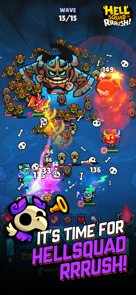 Strategic battle in Hellsquad Rrrush featuring cute demon units and a giant boss character during a wave defense.