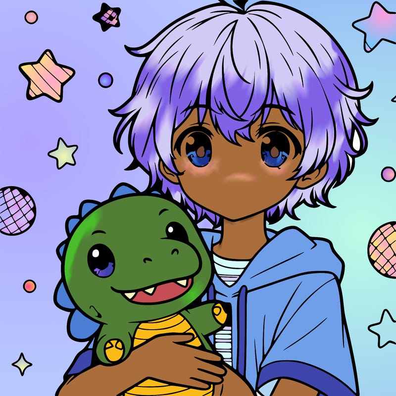 a cute anime girl holding a plush dinosaur