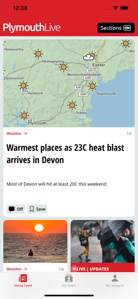 Plymouth Live - Pantalla de inicio de la aplicación Plymouth Live mostrando noticias del tiempo local para Devon con mapa e imágenes