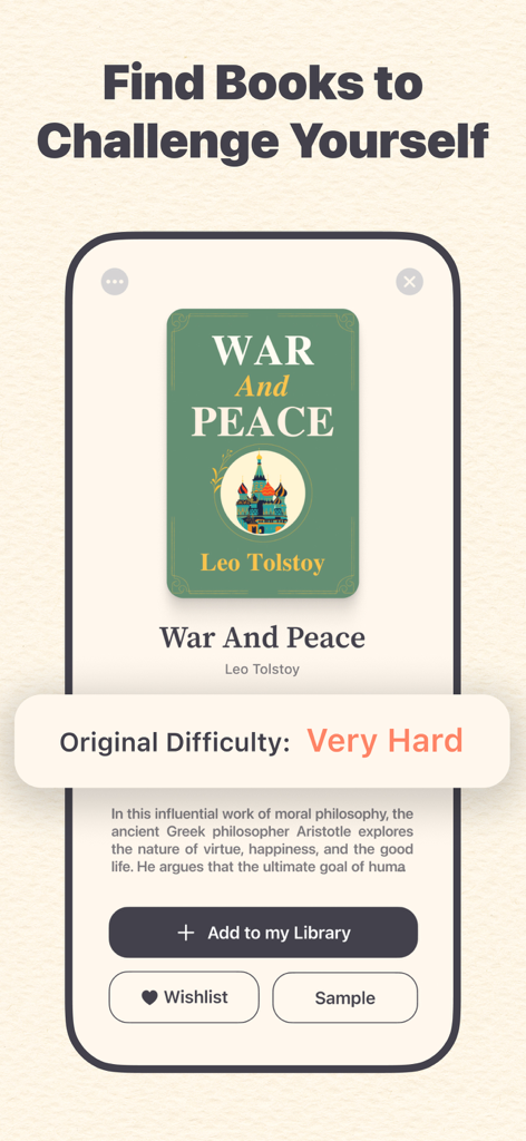 Magibook: Reading & Audiobooks - Magibook app interface showing the book War and Peace with an original difficulty rating of Very Hard