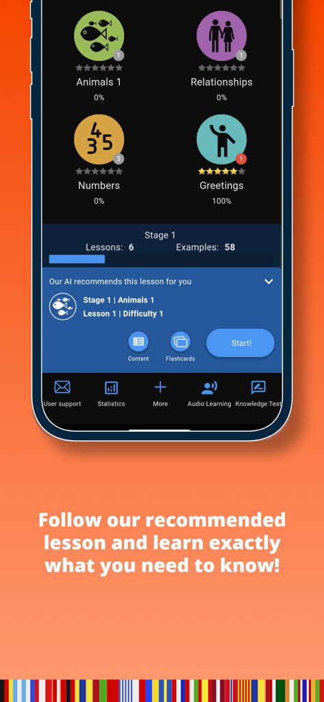 Qlango app dashboard showing AI recommended lessons and study categories