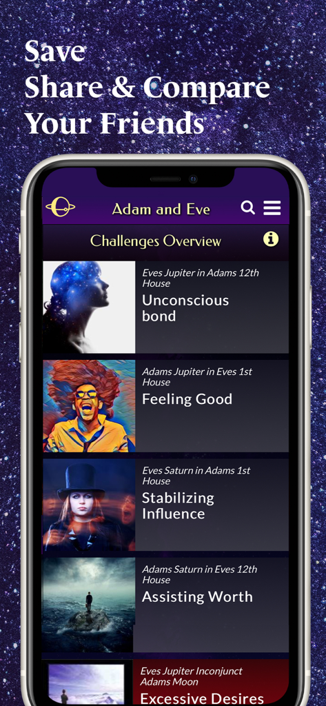Astromatrix app interface showing a detailed astrological synastry report for relationship compatibility