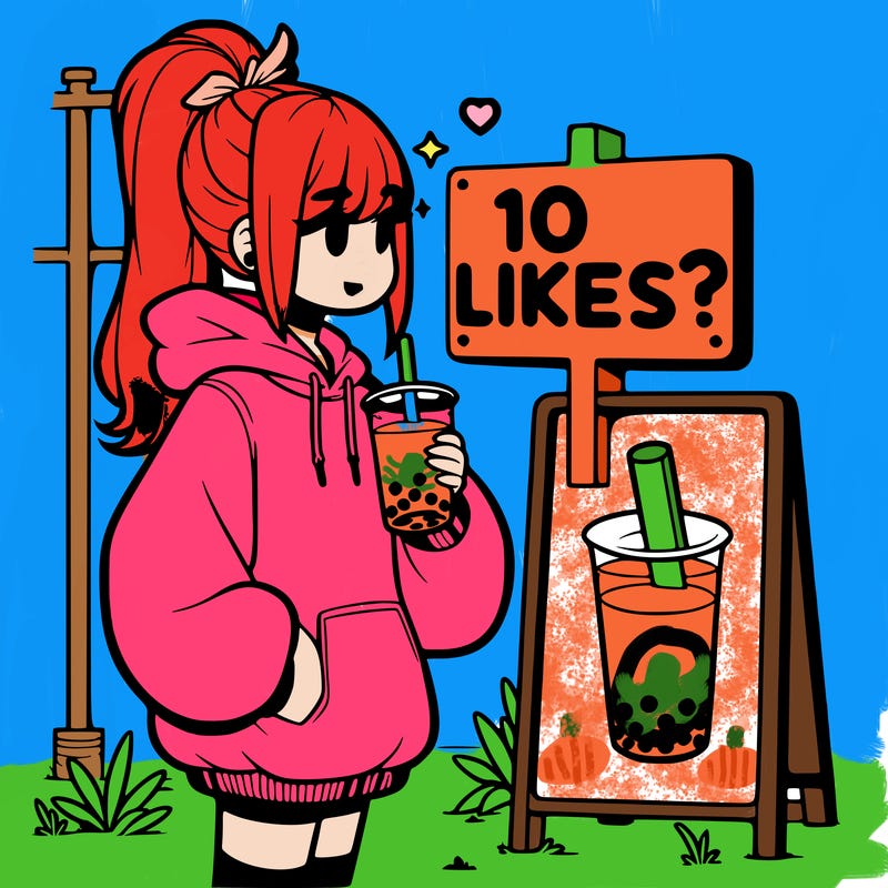 girl with oversized hoodie drinking boba and she has a high ponytail with a sign that says 10likes?
