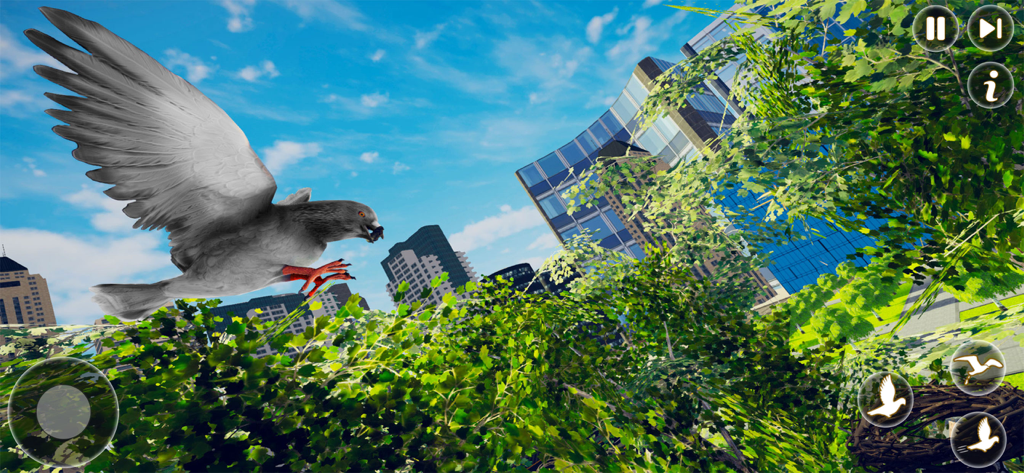 Pigeon Bird Flying Simulator - A pigeon flying above green trees with city skyscrapers in the background during gameplay