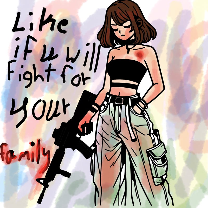 a dangerous girlcrop top and baggy jeans with a rifle in her hand